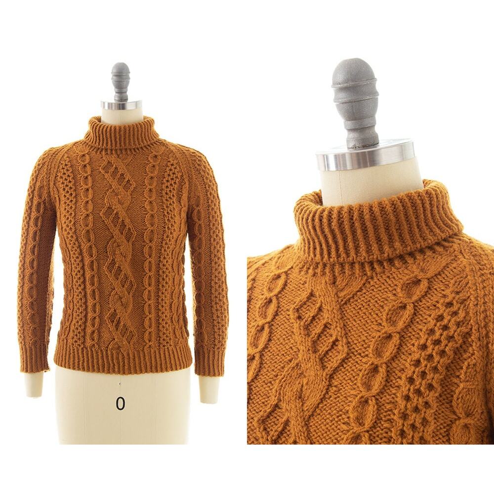 Vintage 1970s Sweater 70s Mustard Orange Retro Knit Wool Turtleneck Long Sleeve